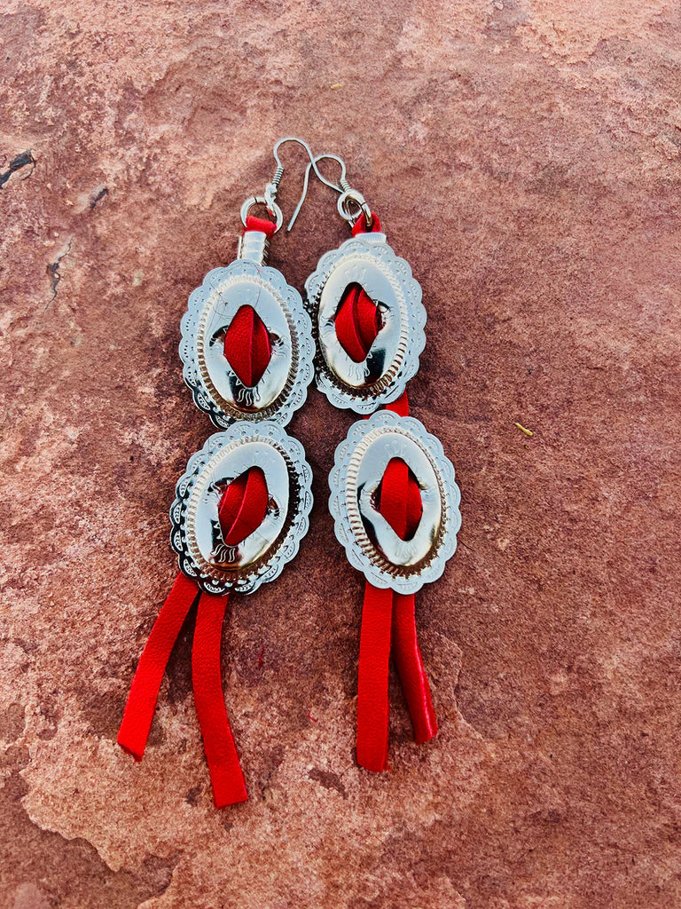 Concho & Leather Fringe Earrings - Red