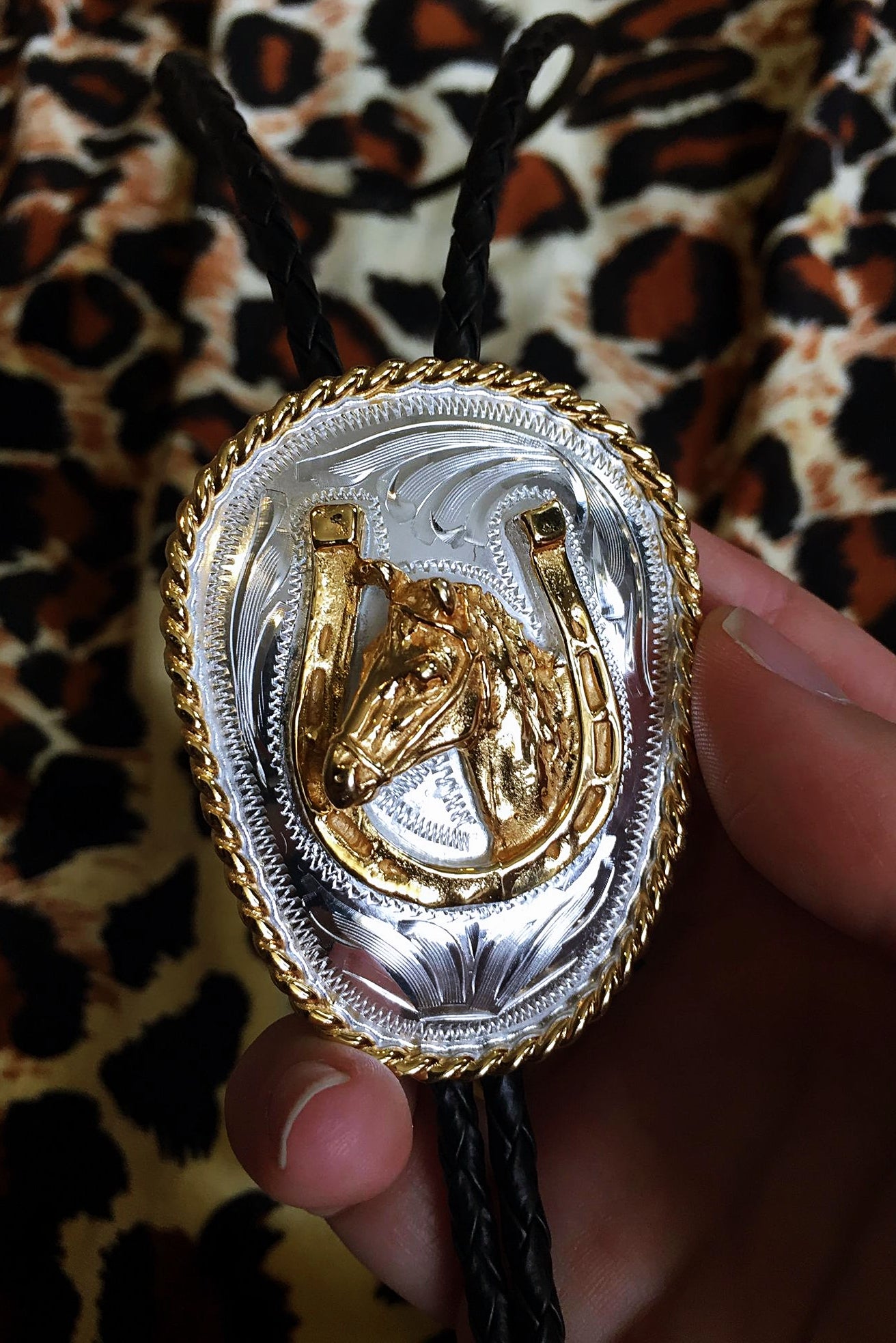 Gold Horse Head & Horseshoe Bolo (German Silver)