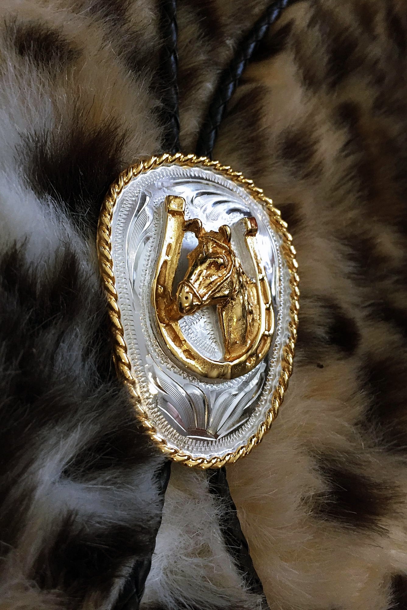 Gold Horse Head & Horseshoe Bolo (German Silver)
